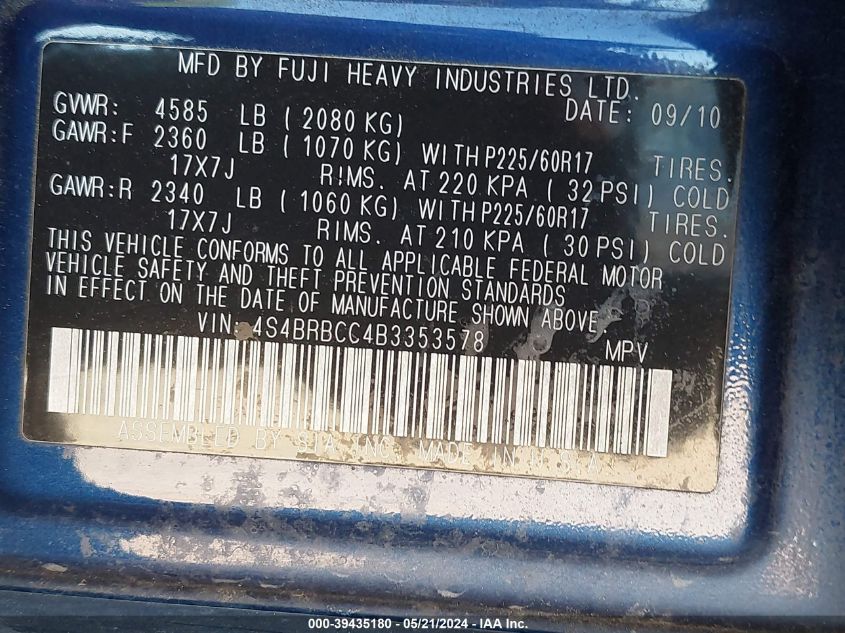 2011 Subaru Outback 2.5I Premium VIN: 4S4BRBCC4B3353578 Lot: 39435180