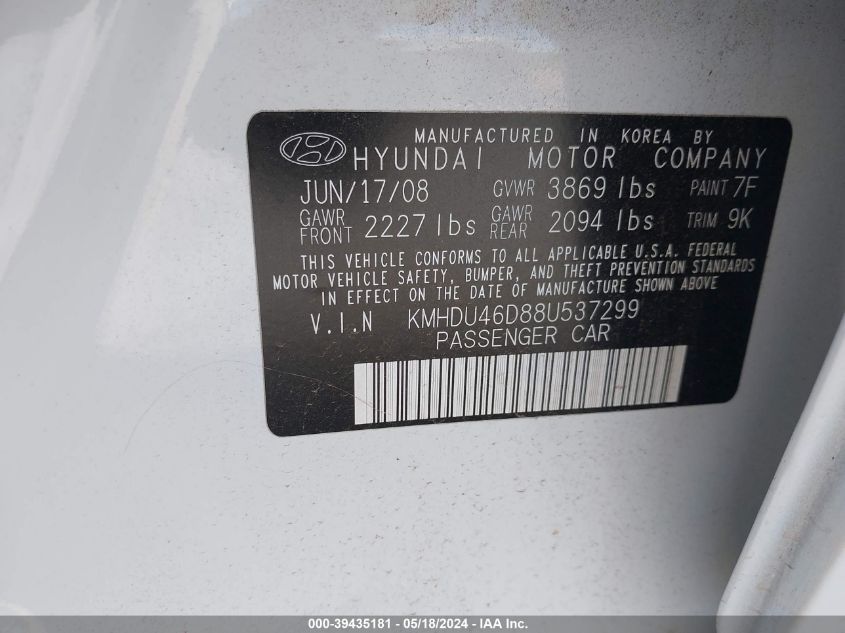 2008 Hyundai Elantra Gls/Se VIN: KMHDU46D88U537299 Lot: 39435181