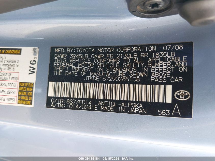 2009 Scion Tc VIN: JTKDE167290285108 Lot: 39435184