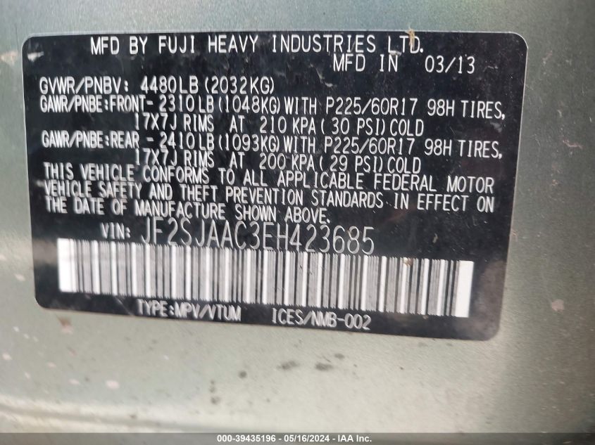 2014 Subaru Forester 2.5I VIN: JF2SJAAC3EH423685 Lot: 39435196