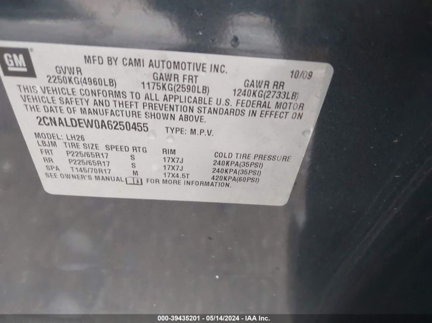 2010 Chevrolet Equinox Lt VIN: 2CNALDEW0A6250455 Lot: 39435201