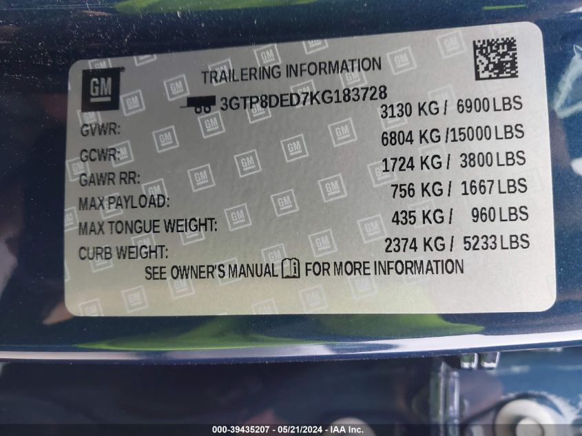 2019 GMC Sierra 1500 Slt VIN: 3GTP8DED7KG183728 Lot: 39435207
