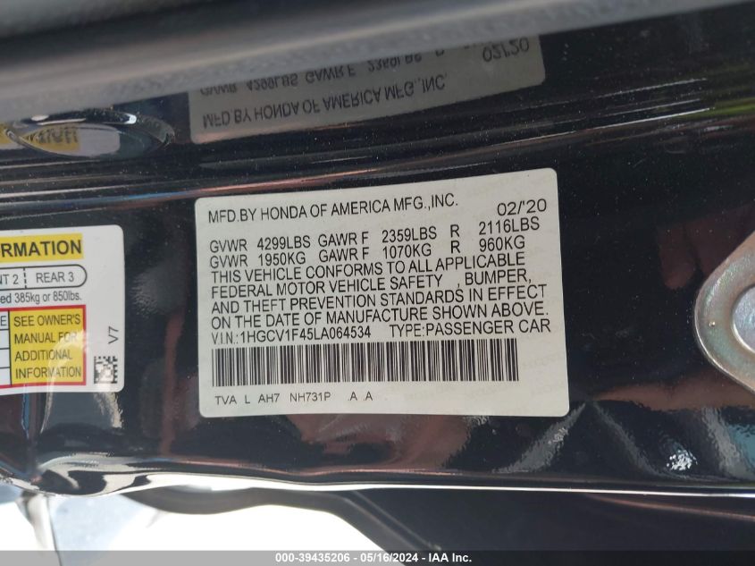 2020 Honda Accord Ex VIN: 1HGCV1F45LA064534 Lot: 39435206