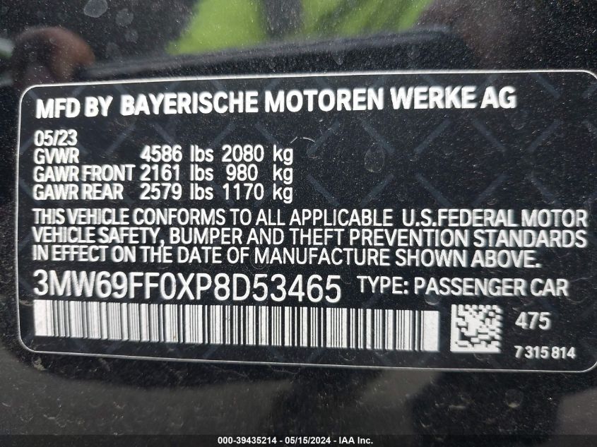 2023 BMW 330I VIN: 3MW69FF0XP8D53465 Lot: 39435214