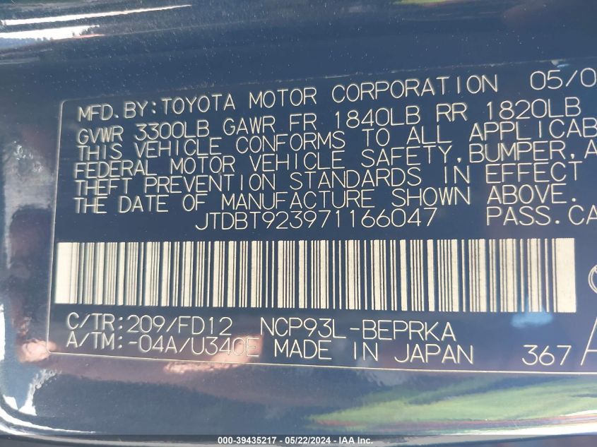 2007 Toyota Yaris VIN: JTDBT923971166047 Lot: 39435217