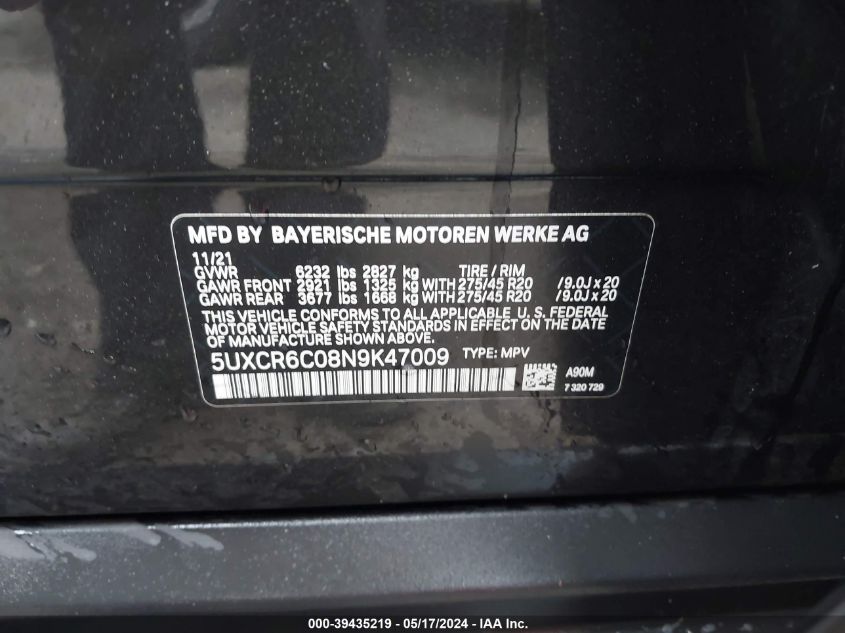 2022 BMW X5 xDrive40I VIN: 5UXCR6C08N9K47009 Lot: 39435219