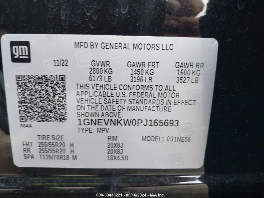 2023 Chevrolet Traverse Awd High Country VIN: 1GNEVNKW0PJ165693 Lot: 39435221