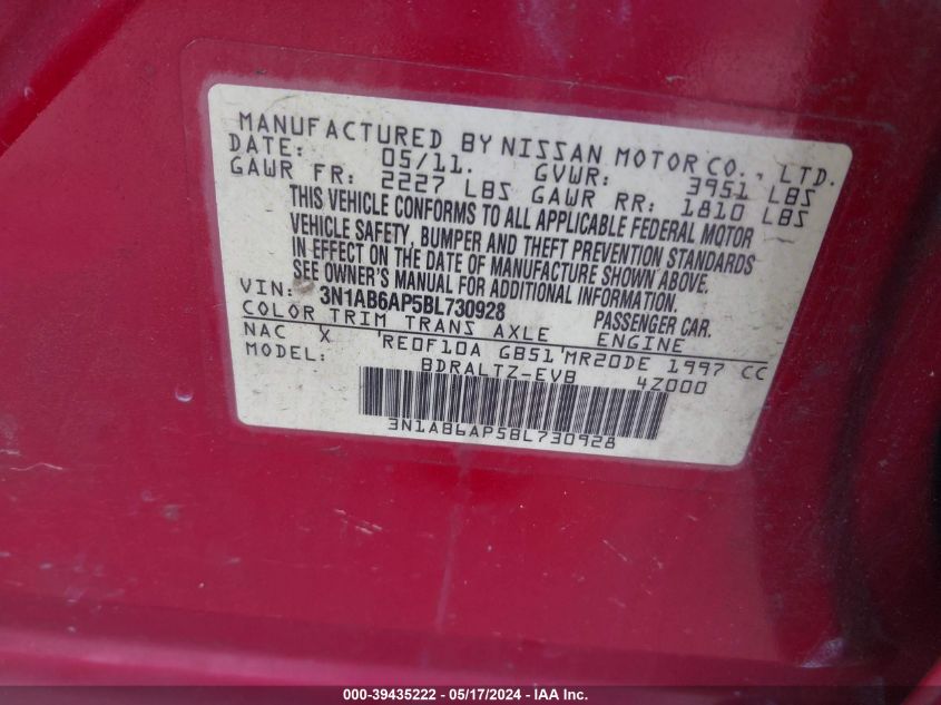 2011 Nissan Sentra 2.0/2.0S/Sr/2.0Sl VIN: 3N1AB6AP5BL730928 Lot: 39435222