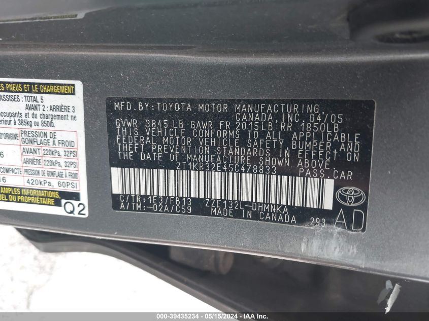 2005 Toyota Matrix Xr VIN: 2T1KR32E45C478833 Lot: 39435234