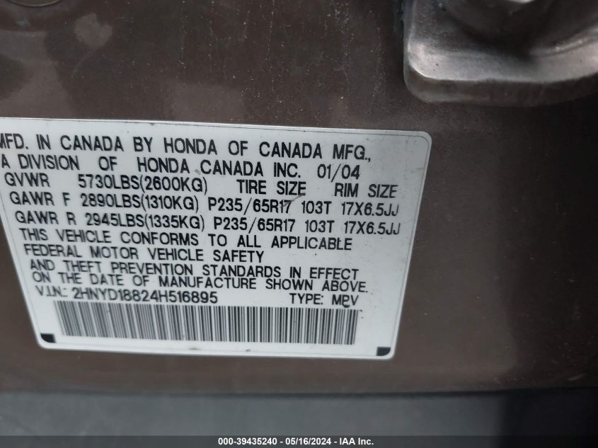 2004 Acura Mdx VIN: 2HNYD18824H516895 Lot: 39435240