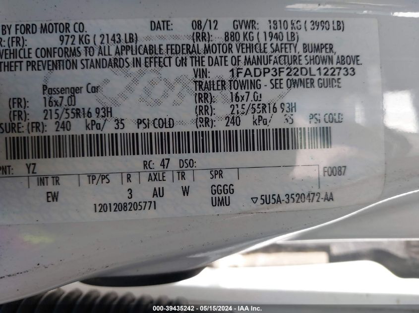 2013 Ford Focus Se VIN: 1FADP3F22DL122733 Lot: 39435242