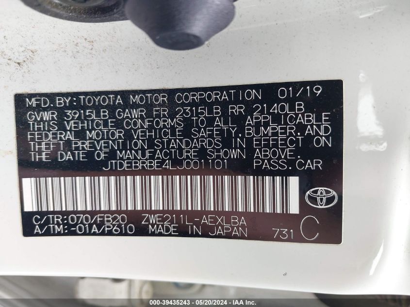 2020 Toyota Corolla Hybrid Le VIN: JTDEBRBE4LJ001101 Lot: 39435243