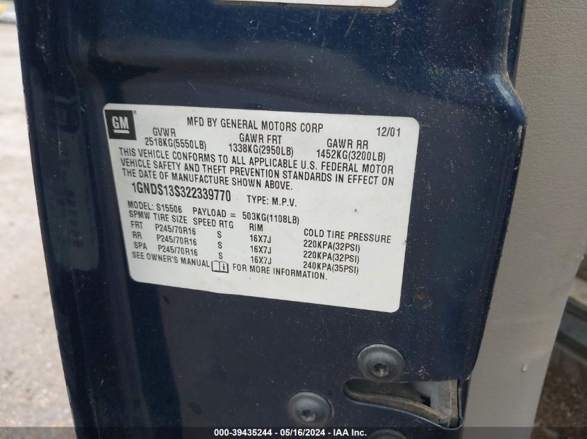 2002 Chevrolet Trailblazer Ls VIN: 1GNDS13S322339770 Lot: 39435244