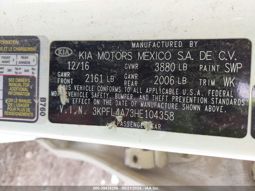 2017 Kia Forte Lx VIN: 3KPFL4A73HE104358 Lot: 39435256