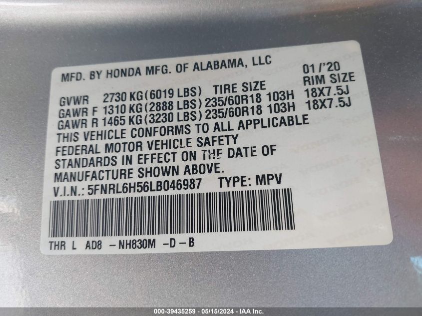 2020 Honda Odyssey Ex VIN: 5FNRL6H56LB046987 Lot: 39435259