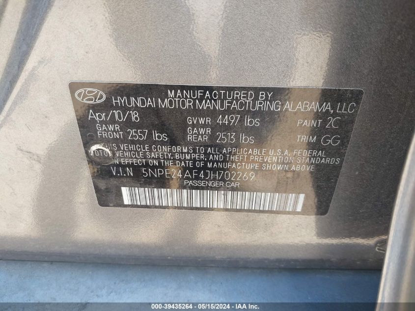 2018 Hyundai Sonata Se VIN: 5NPE24AF4JH702269 Lot: 39435264