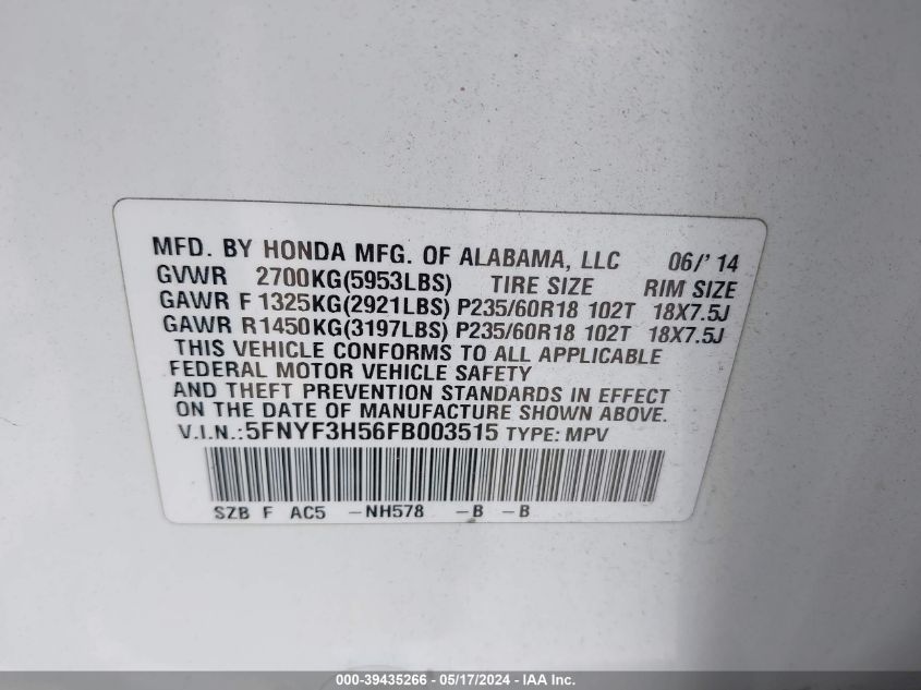 2015 Honda Pilot Ex-L VIN: 5FNYF3H56FB003515 Lot: 39435266