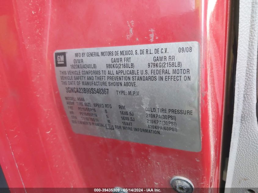 2009 Chevrolet Hhr Lt VIN: 3GNCA23B99S548367 Lot: 39435309