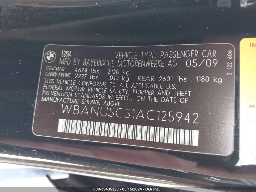2010 BMW 528I VIN: WBANU5C51AC125942 Lot: 39435323