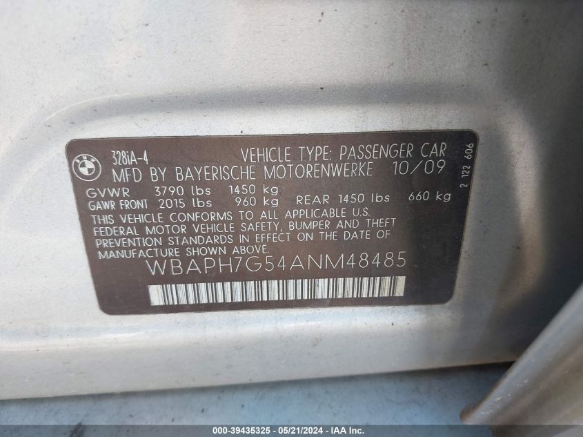 2010 BMW 328I VIN: WBAPH7G54ANM48485 Lot: 39435325