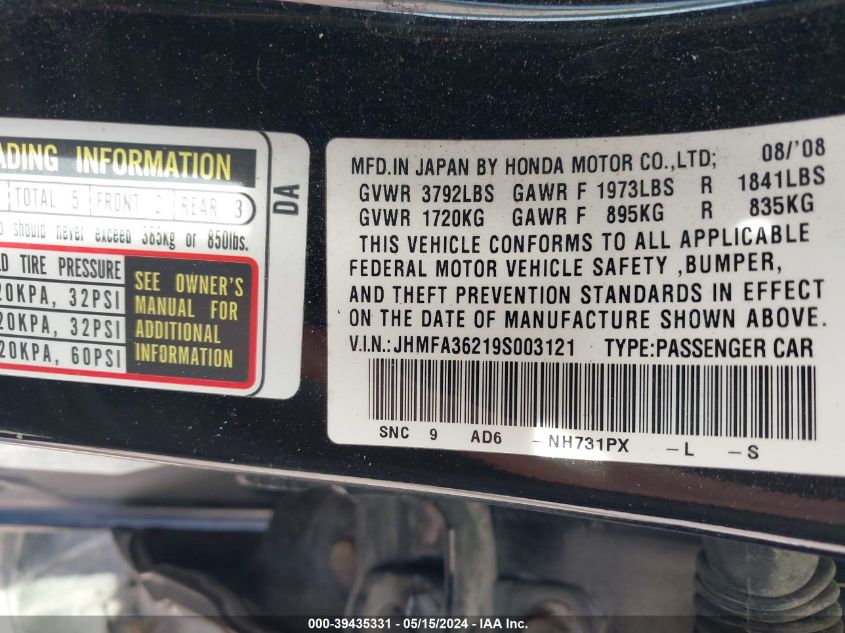 2009 Honda Civic Hybrid VIN: JHMFA36219S003121 Lot: 39435331