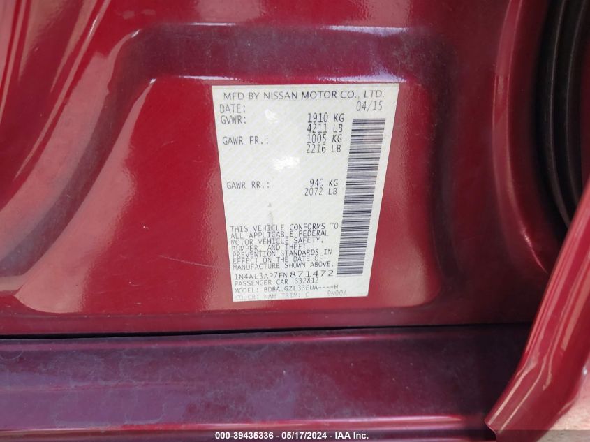 2015 Nissan Altima 2.5 S VIN: 1N4AL3AP7FN871472 Lot: 39435336