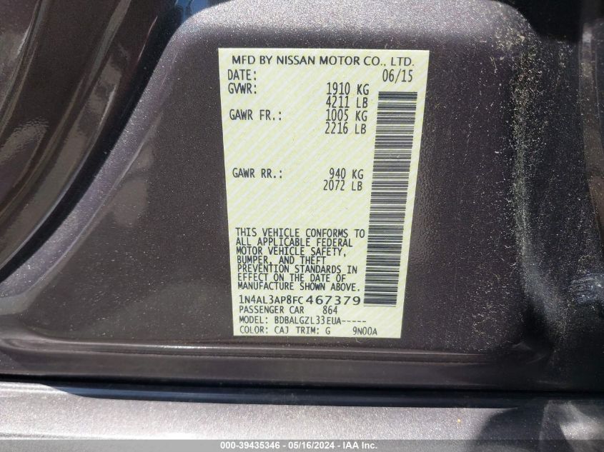 2015 Nissan Altima 2.5 S VIN: 1N4AL3AP8FC467379 Lot: 39435346