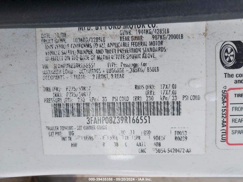 2009 Ford Fusion Sel VIN: 3FAHP08Z39R166551 Lot: 39435358