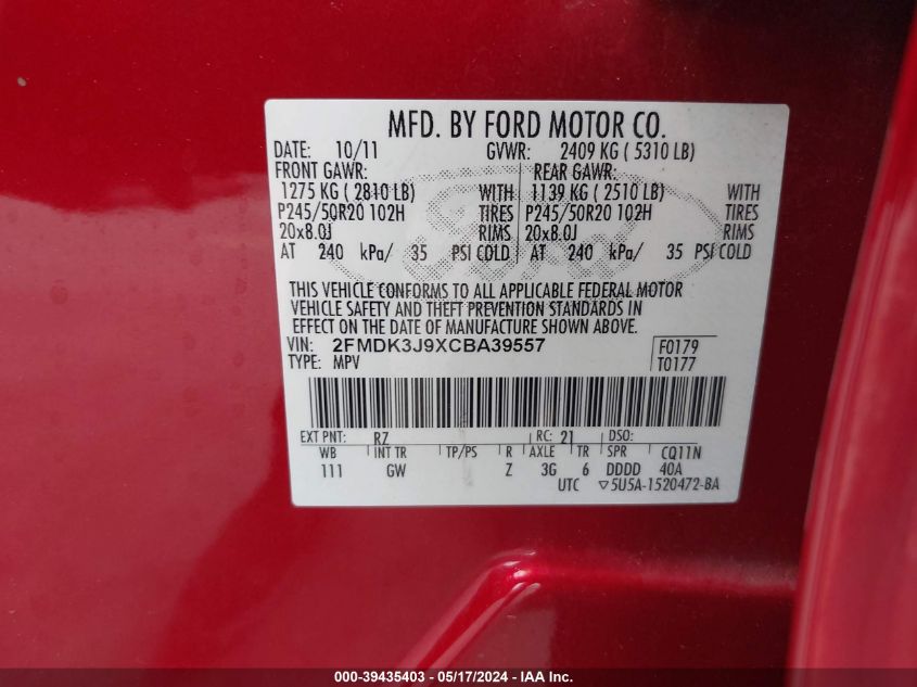 2012 Ford Edge Sel VIN: 2FMDK3J9XCBA39557 Lot: 39435403