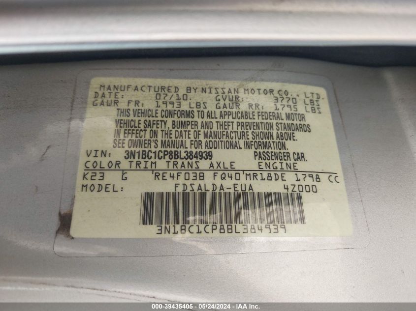 2011 Nissan Versa 1.8S VIN: 3N1BC1CP8BL384939 Lot: 39435405