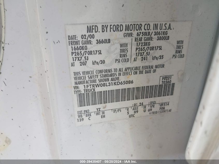 2001 Ford F-150 King Ranch Edition/Lariat/Xlt VIN: 1FTRW08L31KD65086 Lot: 39435407