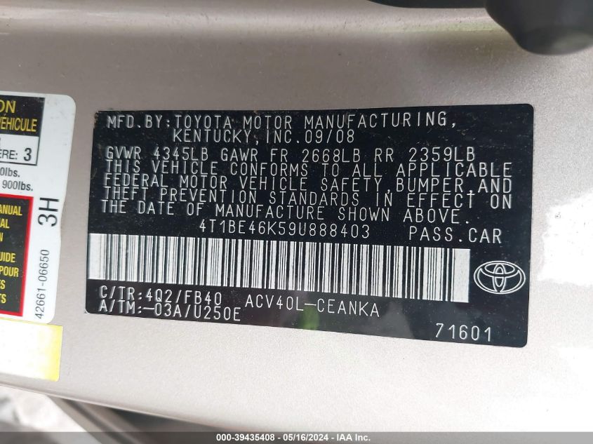 2009 Toyota Camry Le VIN: 4T1BE46K59U888403 Lot: 39435408