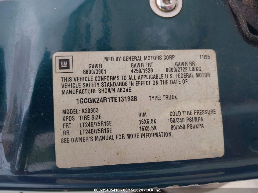 1996 Chevrolet Gmt-400 K2500 VIN: 1GCGK24R1TE131328 Lot: 39435410