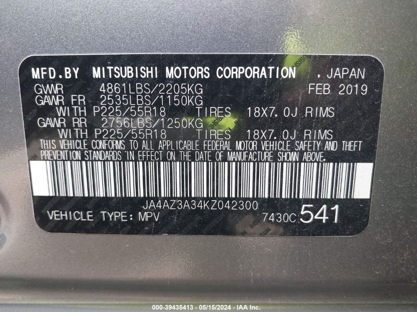 VIN JA4AZ3A34KZ042300 2019 MITSUBISHI OUTLANDER no.9