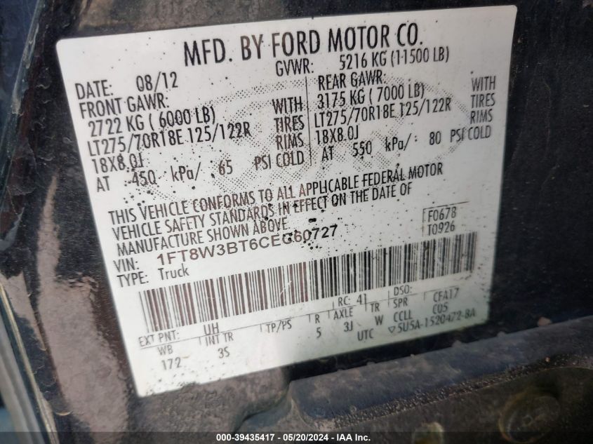 2012 Ford F-350 Xlt VIN: 1FT8W3BT6CEC60727 Lot: 39435417