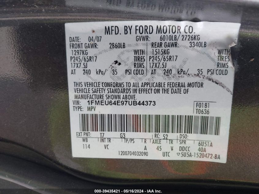 2007 Ford Explorer Eddie Bauer VIN: 1FMEU64E97UB44373 Lot: 39435421