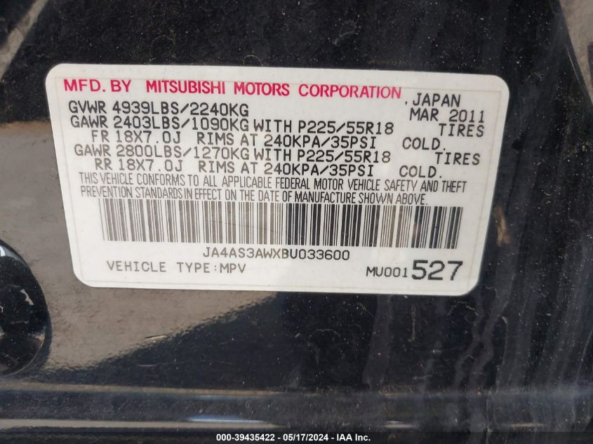 2011 Mitsubishi Outlander Se VIN: JA4AS3AWXBU033600 Lot: 39435422