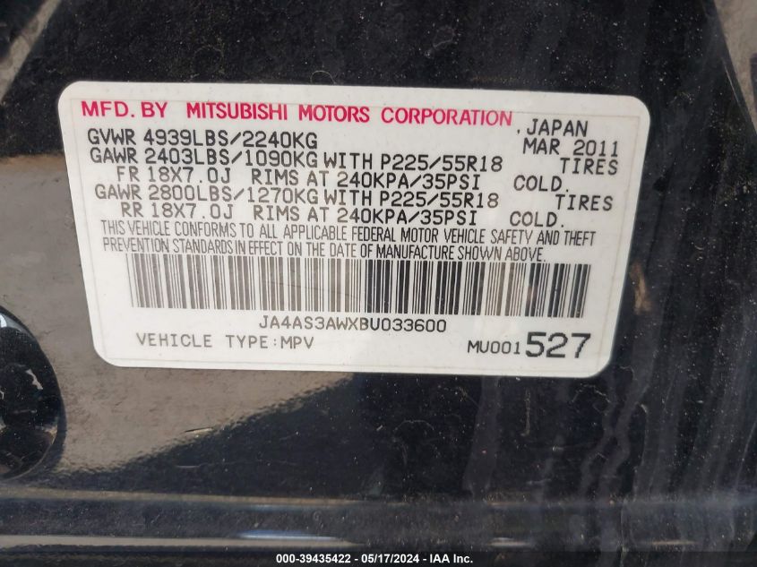 2011 Mitsubishi Outlander Se VIN: JA4AS3AWXBU033600 Lot: 39435422