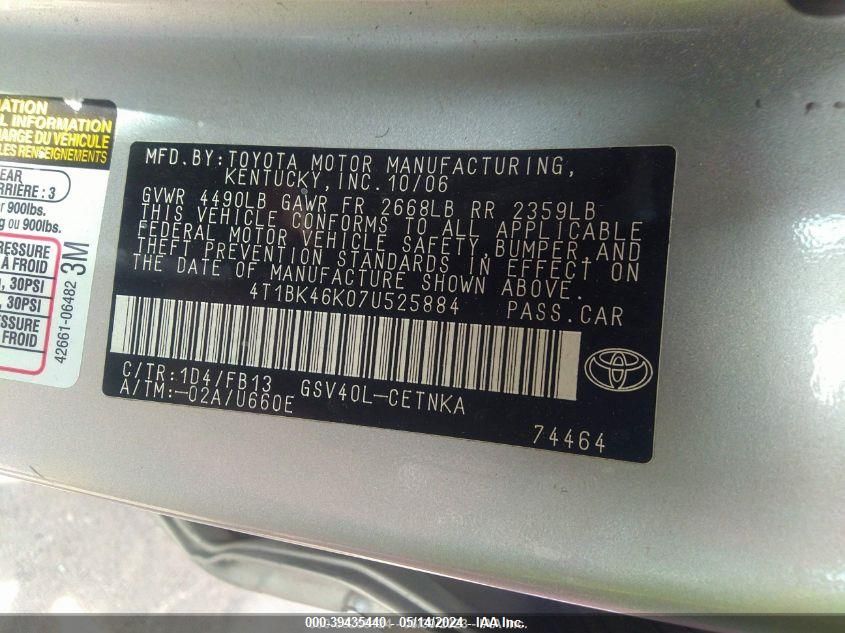 2007 Toyota Camry Le V6 VIN: 4T1BK46K07U525884 Lot: 39435440