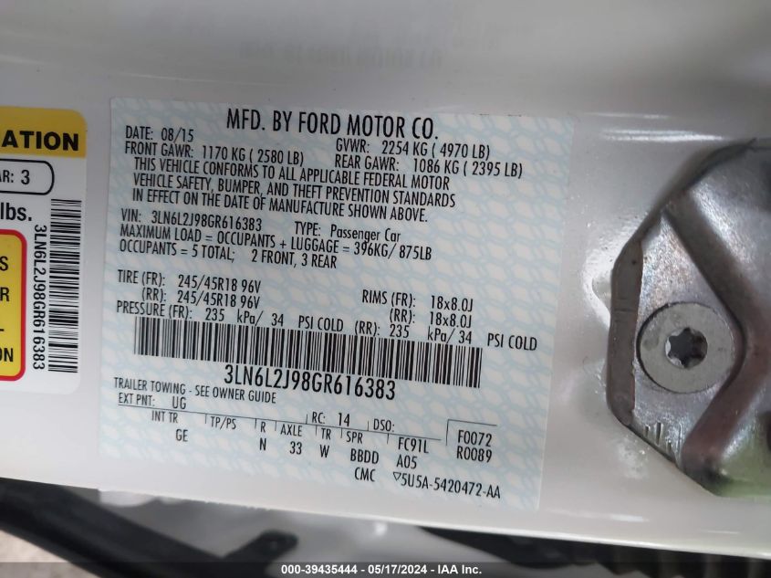 2016 Lincoln Mkz VIN: 3LN6L2J98GR616383 Lot: 39435444
