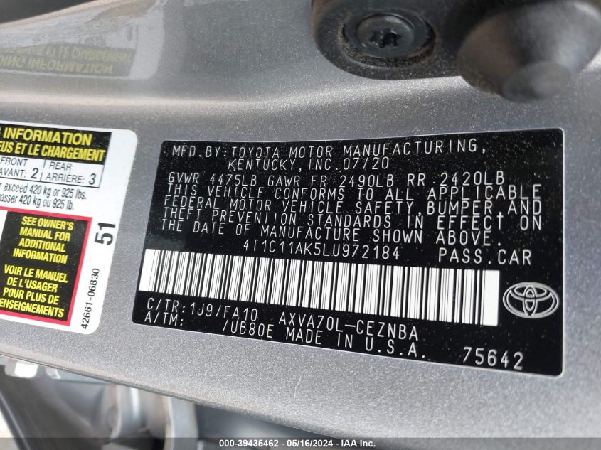 2020 Toyota Camry Le VIN: 4T1C11AK5LU97218 Lot: 39435462