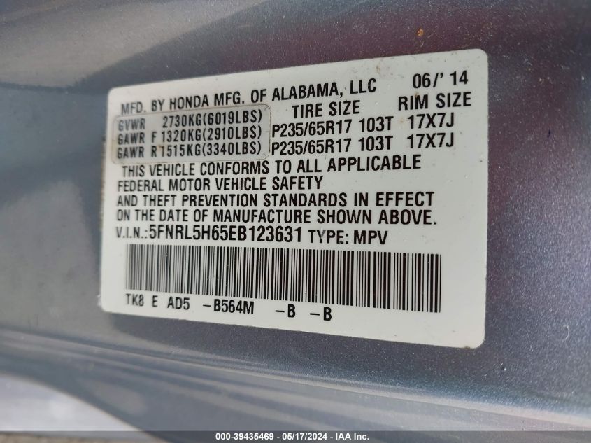 2014 Honda Odyssey Ex-L VIN: 5FNRL5H65EB123631 Lot: 39435469