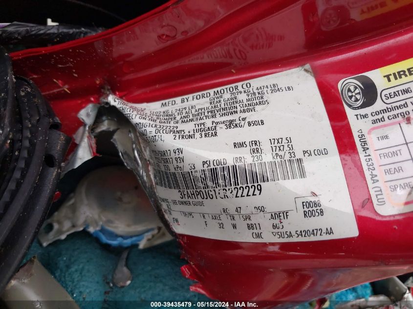 2012 Ford Fusion Sel VIN: 3FAHP0JG1CR322229 Lot: 39435479