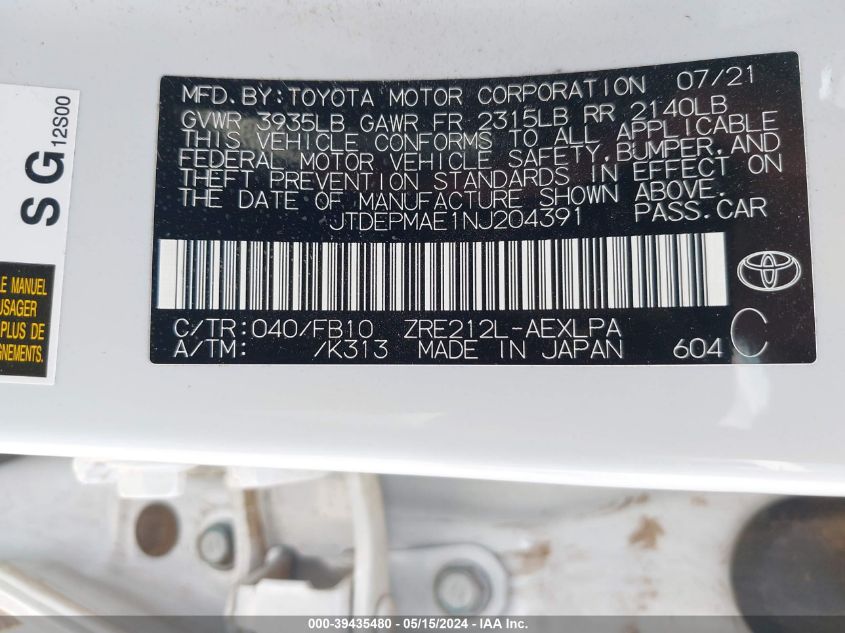 2022 TOYOTA COROLLA LE - JTDEPMAE1NJ204391