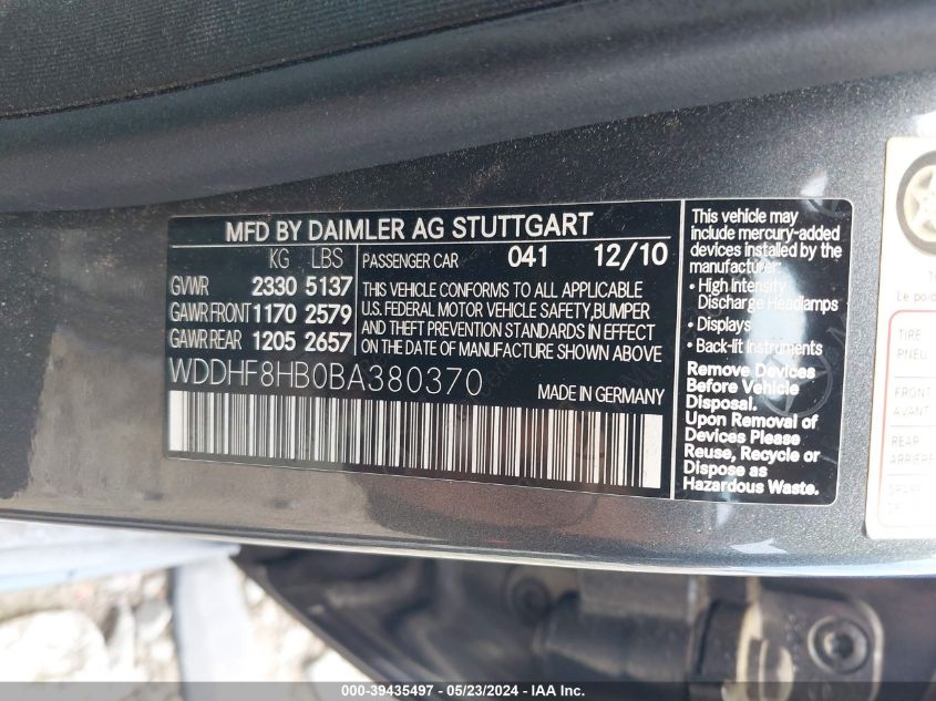 2011 Mercedes-Benz E 350 4Matic VIN: WDDHF8HB0BA380370 Lot: 39435497