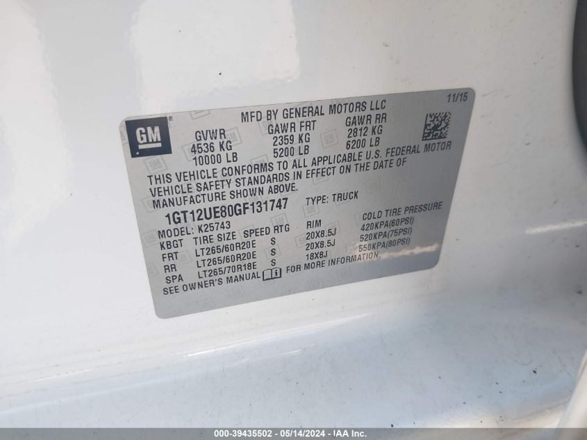 2016 GMC Sierra 2500Hd Denali VIN: 1GT12UE80GF131747 Lot: 39435502