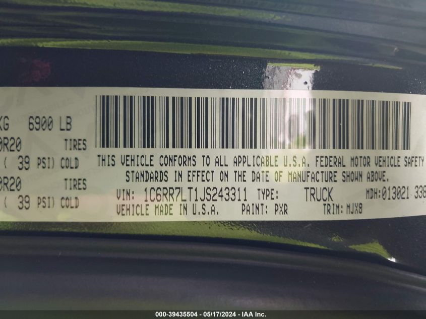 2018 Ram 1500 Big Horn 4X4 5'7 Box VIN: 1C6RR7LT1JS243311 Lot: 39435504