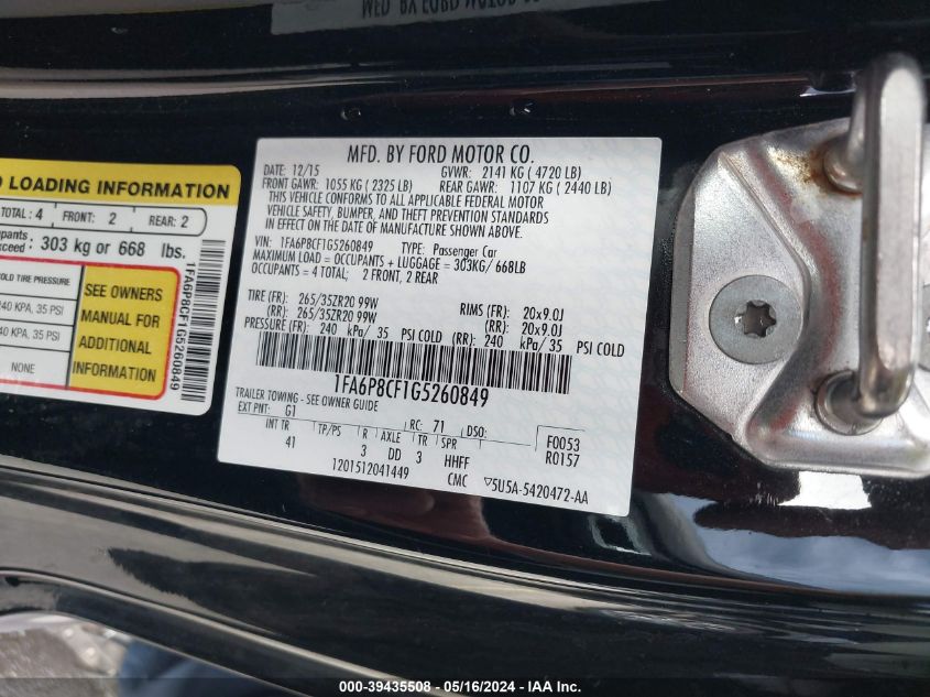 2016 Ford Mustang Gt Premium VIN: 1FA6P8CF1G5260849 Lot: 39435508