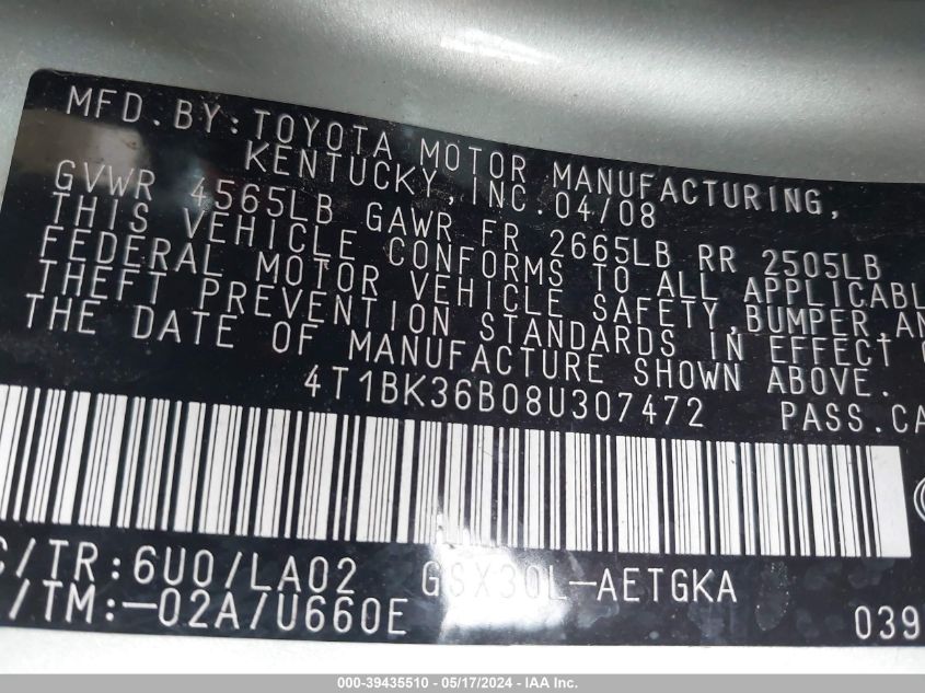 2008 Toyota Avalon Xls VIN: 4T1BK36B08U307472 Lot: 39435510