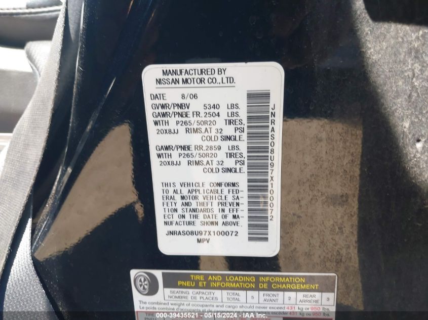 2007 Infiniti Fx35 VIN: JNRAS08U97X100072 Lot: 39435521